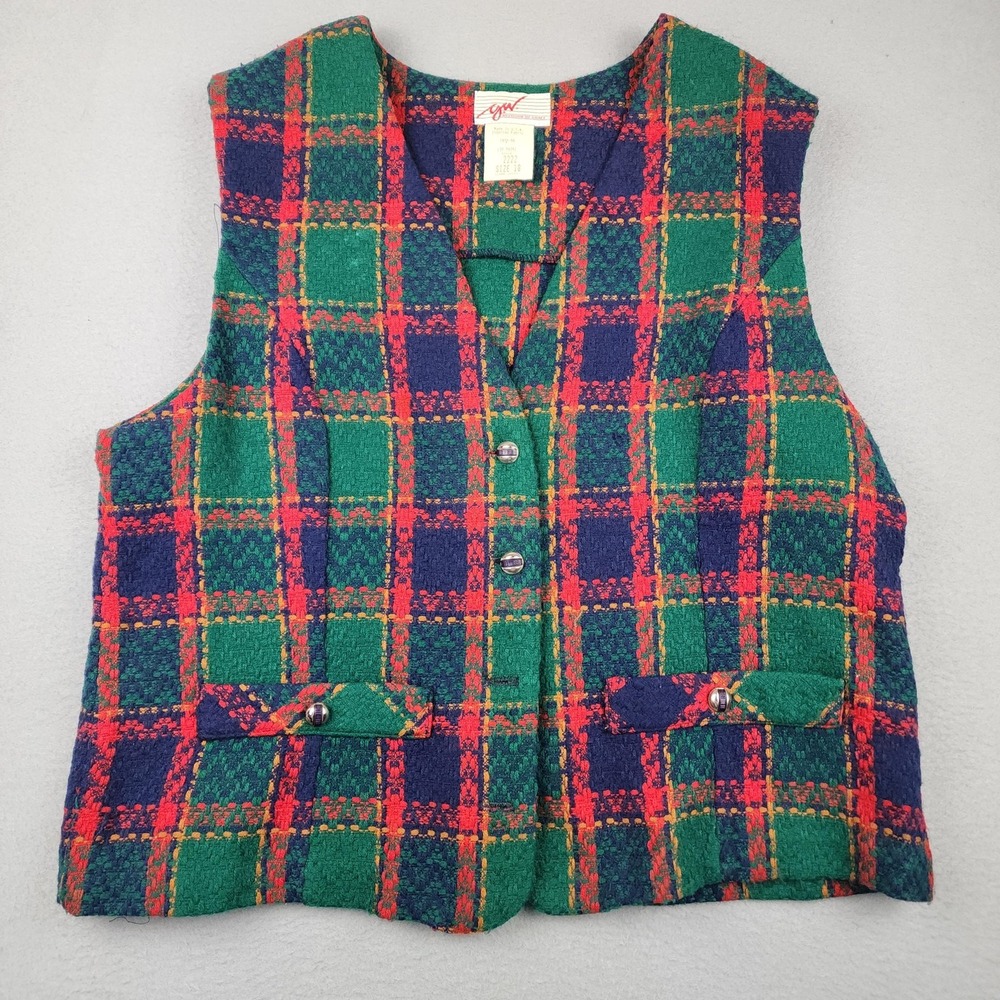 Vintage GW Division Of Graff Sweater Vest Womens 18 Multicolor Plaid Knit USA